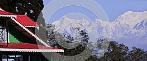 Snow capped Himalayan range, mount kumbhakarna and mount kabru from beautiful mountain village lepcha jagat near darjeeling