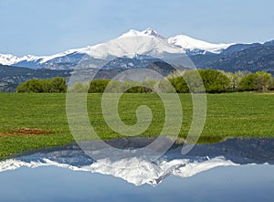 Snow Capped Longs Peak Reflecting in the waters on a spring day