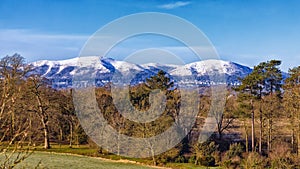 Snow-capped Malvern Hills, Worcestershire, England.