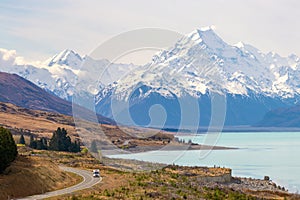 Snow capped Mount Cook and Southern Alps over Lake Pukaki, New Zealand