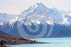 Snow capped Mount Cook and Southern Alps over Lake Pukaki, New Zealand