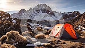 Snow-capped Mountain Camping at the Foot of Majestic Peaks in a Breathtaking Winter Landscape