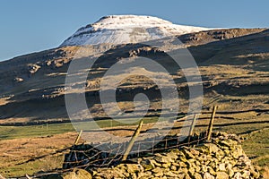 Snow capped mountain with farm land