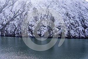 Snow capped mountain and lake photo