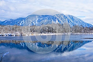 Snow Capped Mountain Lake Winter Landscape Reflection