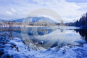 Snow Capped Mountain Lake Winter Landscape Reflection