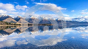 Snow capped mountain peaks reflections on a tranquil New Zealand alpine lake