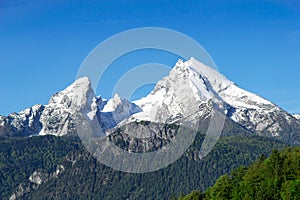 Snow-capped mountain peaks Watzmann Mount in national park Berchtesgaden