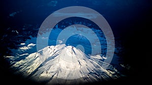 Snow capped mountain from plane window