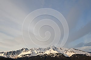 Snow capped mountain range