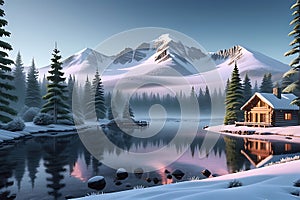 Snow-Capped Mountain Range, Crisp Winter Dawn, Blinding Reflection on Untouched Snow, Scattered Evergreens