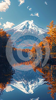 A snow-capped mountain reflected in a crystal-clear lake