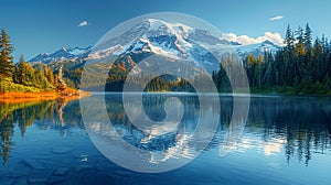 A snow-capped mountain reflected in a crystal-clear lake