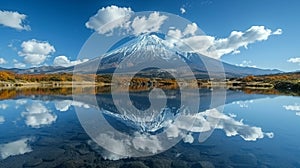 A snow-capped mountain reflected in a crystal-clear lake