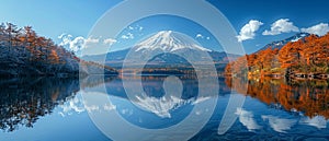 A snow-capped mountain reflected in a crystal-clear lake