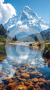 A snow-capped mountain reflected in a crystal-clear lake