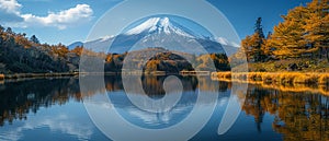 A snow-capped mountain reflected in a crystal-clear lake