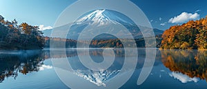 A snow-capped mountain reflected in a crystal-clear lake