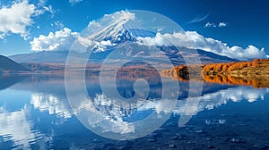 A snow-capped mountain reflected in a crystal-clear lake