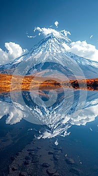 A snow-capped mountain reflected in a crystal-clear lake