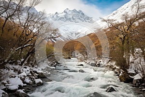 snow-capped mountain vistas and rushing river, with sounds of waterfalls in the distance
