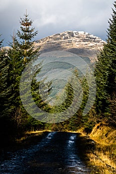 Snow capped mountains in the Argyll Forest Park, Scotland, UK