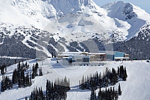 Snow capped mountains, Blackcomb and Whistler ski resort in British Columbia, Canada.