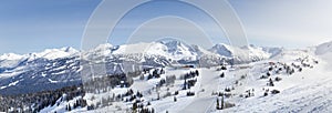 Snow capped mountains, Blackcomb and Whistler ski resort in British Columbia, Canada.