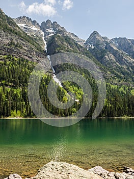 Snow capped mountains and clear lake