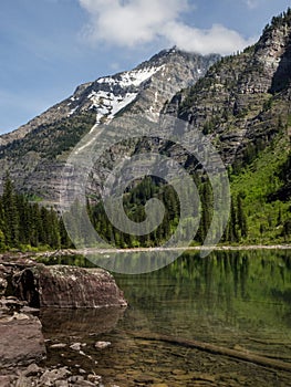 Snow capped mountains and clear lake