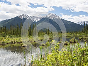 Snow capped mountains and clear lake