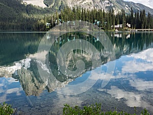 Snow capped mountains and clear lake