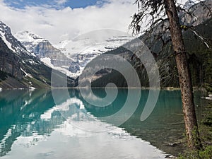 Snow capped mountains and clear lake