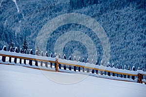 Snow-capped mountains in corpses, snow falls on trees, small village