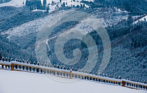 Snow-capped mountains in corpses, snow falls on trees, small village