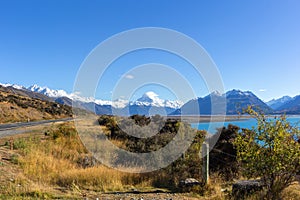 Snow capped mountains and lake Pukaki in Mt Cook National Park, New Zealand