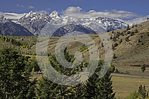 Snow capped mountains in the landscape of Yellowstone National Park.