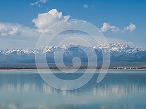 Snow capped mountains reflected in blue lake