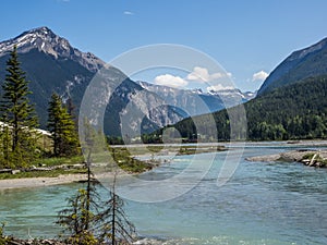 Snow capped mountains and river valley