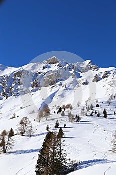 Snow-capped mountains in Trentino Alto Adige. Mountains in winter. Winter landscape in the Alps Mountains, Moena, Val di Fassa