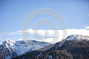 Snow-capped mountains in Trentino Alto Adige. Mountains in winter. Winter landscape in the Alps Mountains, Moena, Val di Fassa
