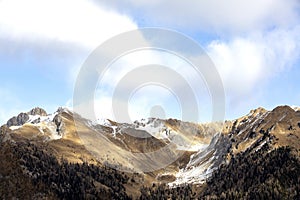 Snow-capped mountains in Trentino Alto Adige. Mountains in winter. Winter landscape in the Alps Mountains, Moena, Val di Fassa