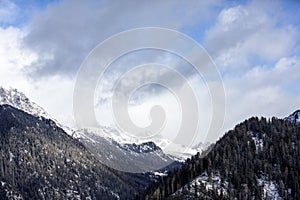 Snow-capped mountains in Trentino Alto Adige. Mountains in winter. Winter landscape in the Alps Mountains, Moena, Val di Fassa