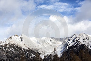 Snow-capped mountains in Trentino Alto Adige. Mountains in winter. Winter landscape in the Alps Mountains, Moena, Val di Fassa