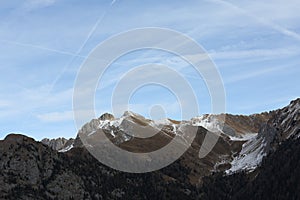 Snow-capped mountains in Trentino Alto Adige. Mountains in winter. Winter landscape in the Alps Mountains, Moena, Val di Fassa
