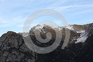 Snow-capped mountains in Trentino Alto Adige. Mountains in winter. Winter landscape in the Alps Mountains, Moena, Val di Fassa