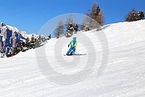 Snow-capped mountains in Trentino Alto Adige. Mountains in winter. Winter landscape in the Alps Mountains, Moena, Val di Fassa