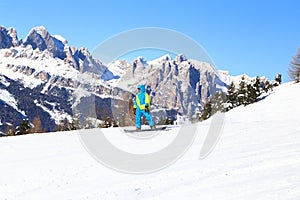 Snow-capped mountains in Trentino Alto Adige. Mountains in winter. Winter landscape in the Alps Mountains, Moena, Val di Fassa