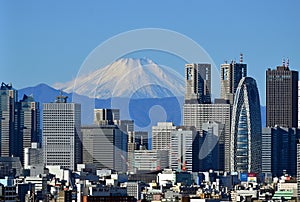 Snow-capped Mt. Fuji and Shinjuku skyscrapers