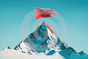 snow-capped peak, with red flag fluttering against the clear blue sky